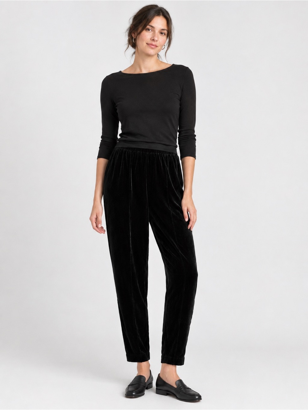 Eileen Fisher Silk Blend Velvet Black Tapered Leg Pull On Elastic Waist Pants